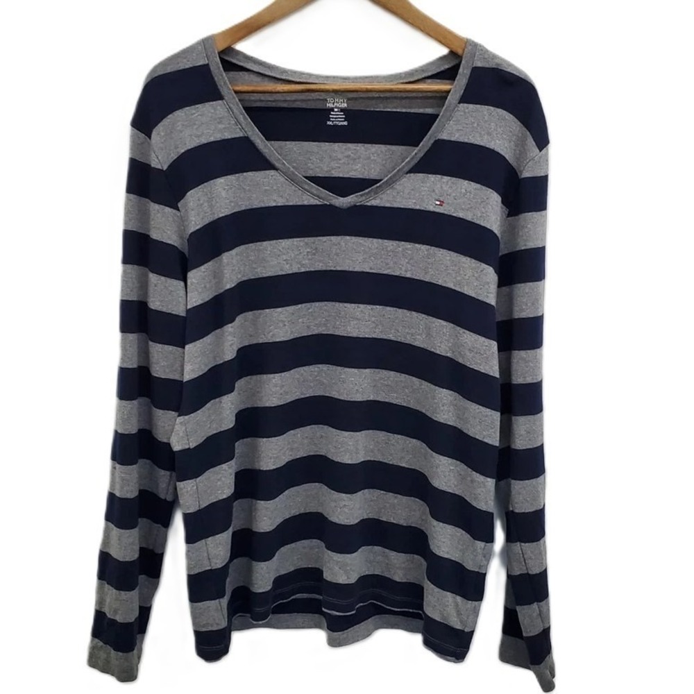 Tommy Hilfiger‎ Mens XXL Navy Gray Striped V-Neck Long Sleeve Preppy Classic Tee